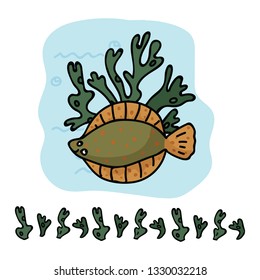 Cute dover sole with seaweed cartoon vector illustration motif set. Hand drawn edible fish elements clipart for ocean life blog, marine graphic, wildlife web buttons.