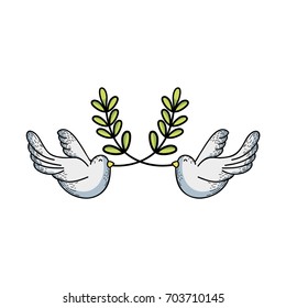 cute doves animal with branches to peace symbol