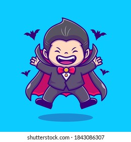 Cute Dracula With Bat Cartoon Vector Icon Illustration. People Holiday Icon Concept Isolated Premium Vector. Flat Cartoon Style