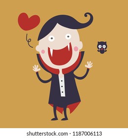 Cute dracula cartoon character wearing black and red cape smiling with big open mouth and bat for happy happy halloween day vector illustration eps10