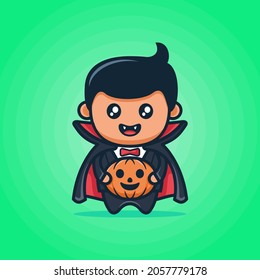 Cute Dracula cartoon wearing black cloak with smiling face holding a pumpkin in green background