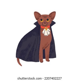 Cute dracula cat in vampire robe, cape. Halloween kitty with fangs. Scary funny feline animal in cloak. Childish flat vector illustration of fairy kitten isolated on white background