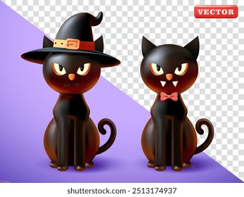 Gato drácula bonito e bruxa, vetor 3d. Adequado para elementos e eventos de design