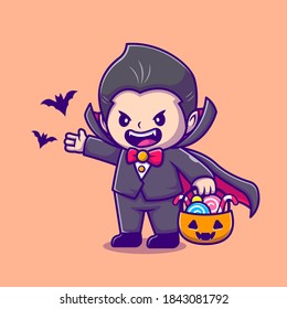 Cute Dracula Holding Pumpkin Basket With Candy And Bat Cartoon Vector Icon Illustration. People Holiday Icon Concept Isolated Premium Vector. Flat Cartoon Style