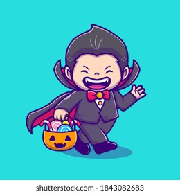 Cute Dracula Holding Pumpkin Basket With Candy Cartoon Vector Icon Illustration. People Holiday Icon Concept Isolated Premium Vector. Flat Cartoon Style