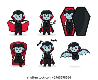 Cute Dracula kid set. Halloween mascot with costume logo design illustrations