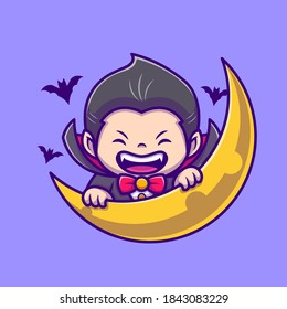 Cute Dracula With Moon And Bat Cartoon Vector Icon Illustration. People Holiday Icon Concept Isolated Premium Vector. Flat Cartoon Style