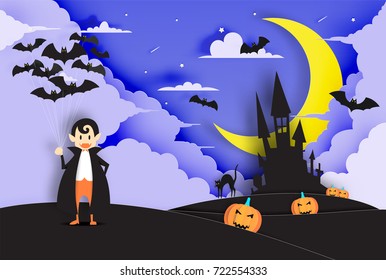 Cute Dracula paper art style with sky in the night for halloween background vector illustration 