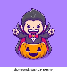 Cute Dracula In Pumpkin Cartoon Vector Icon Illustration. People Holiday Icon Concept Isolated Premium Vector. Flat Cartoon Style