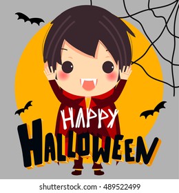 cute Dracula in vampire costume is smiling with text happy halloween.background is a full moon bats and spider net.vector illustration