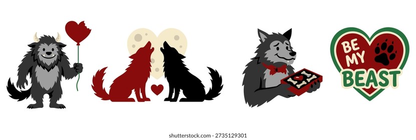Cute Dracula Vampire Valentine’s Day Cartoon Set with Heart Balloon Bat Love Symbol and Funny Gothic Romance Characters flat vector illustration