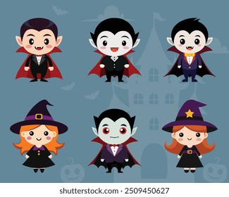 Vampiro lindo de Drácula y pequeño personaje de bruja para Halloween, Ilustración vectorial  