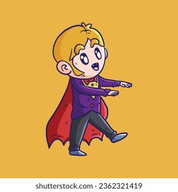 Cute Dracula Vector Cartoon Illustration on Scary Pose. Halloween Vampire Costume. Cute Vampire Costume on Halloween Party.