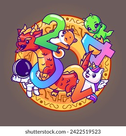 Cute Dragon, Astronaut, Alien, Shiba Inu Dog, Unicorn, And 
Cat New Year 2024 With Gold Coin Cartoon Vector Icon
Illustration. Animal Holiday Icon Concept Isolated Premium 
Vector. Flat Cartoon Style