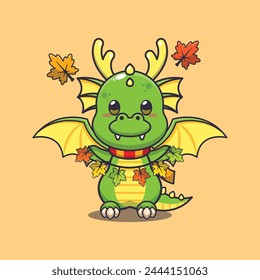 Cute dragon with autumn leaf decoration. Mascot cartoon vector illustration suitable for poster, brochure, web, mascot, sticker, logo and icon.
