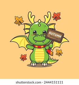 Cute dragon with autumn sign board. Mascot cartoon vector illustration suitable for poster, brochure, web, mascot, sticker, logo and icon.