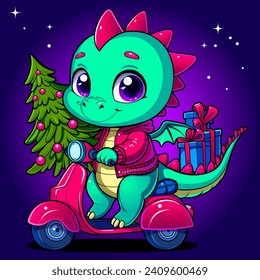 Cute dragon baby little with cute eyes on a pink scooter with a beautiful green Christmas tree and presents. Chibi dragon or dinosaur cute character. Fairytale monsters. Green dragon symbol year 2024