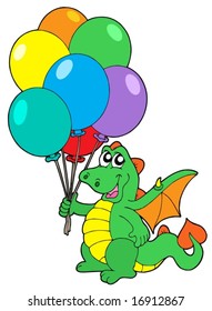 Cute dragon with balloons - vector illustration.