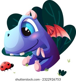 Cute dragon in blue color claps his hands. A small dinosaur with big eyes admires a ladybug