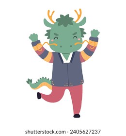 Cute dragon boy in traditional Korean clothes hanbok character illustration. Hand drawn cartoon vector illustration. Flat style design. Seollal holiday card, poster, banner element