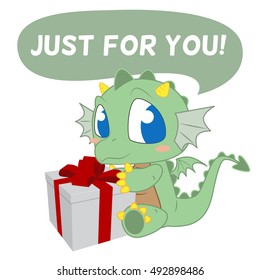 Cute dragon bring birthday present for greeting cards vector stock