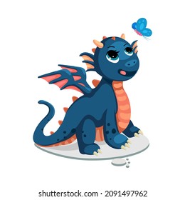 cute dragon with butterfly cartoon vector illustration