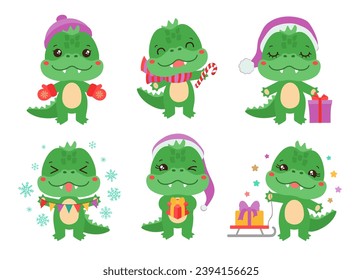 Cute dragon cartoon character Christmas theme kawaii dinosaur vector illustration. Adorable tiny lizard chibi anime character baby dragon mascot. Chinese new year children illustration fun doodle.