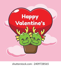Cute dragon cartoon character fly with air balloon in valentine's day. 