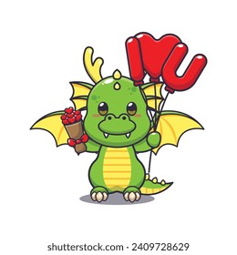 Cute dragon cartoon character holding love balloon and love flowers. 