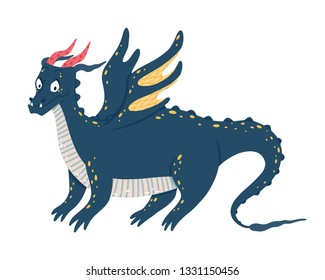Cute dragon. Cartoon fantasy character, isolated on white background. Funny fairytale reptile and medieval legends fire breathing serpent. Poster, greeting card, gift, banner, textile, cup.