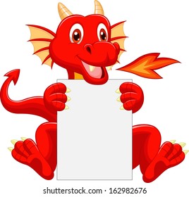 Cute dragon cartoon holding blank sign