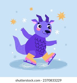 Cute Dragon cartoon mascot character. Happy New Year of the Dragon. Dragon skating. Vector.