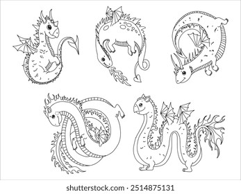 Cute dragon in cartoon style. Fairy tale animal. fantasy Myth. Character of fairy tales. Lizard Coloring book, vector illustration on a white background