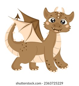 Cute dragon in cartoon style. A fairy-tale  monster stands sideways on its paws and smiles. A little dinosaur. Isolated on a white background.