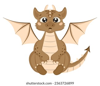 Cute dragon in cartoon style. The surprised fairy-tale monster is sitting. A little dinosaur. Isolated on a white background.