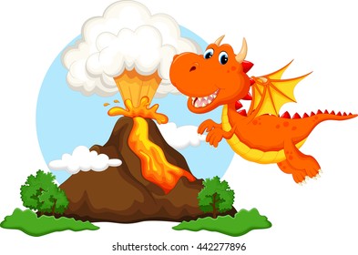 Cute dragon cartoon with volcano background