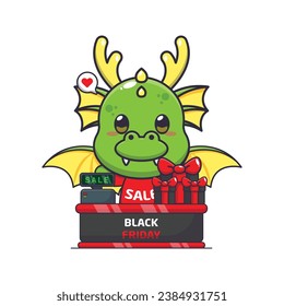 cute dragon with cashier table in black friday sale cartoon vector illustration