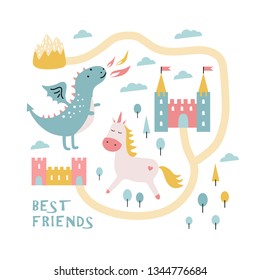 Cute dragon, castle, unicorn. Best friends. Great for kids apparel, nursery decoration. Vector Illustration