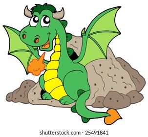 Cute dragon in cave - vector illustration.