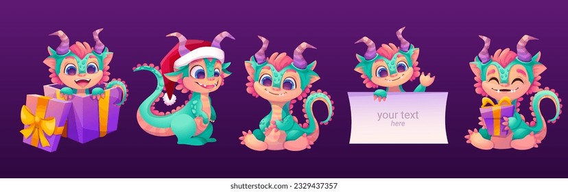 Cute dragon character, animal mascot in different poses. Vector set of cartoon fairy creatures, play, with gift box, greeting. Happy New Year and Merry Christmas