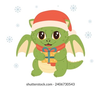cute dragon character, baby dragon with gift, new year mascot, green dino in hat, chinese horoscope symbol, vector illustration