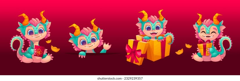 Cute dragon character, Chinese New Year 2024 mascot. Vector set of cartoon funny fairy creatures, play, with gift box, greeting. Merry Christmas. Happy baby dragon isolated on red background