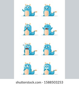 Cute dragon character flat vector. Flat blue color multiple poses and expression