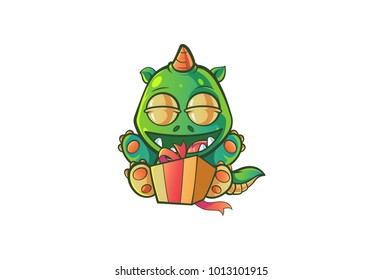 Cute Dragon Character happily unwrapping the gift box. Vector Illustration. Isolated on white background.