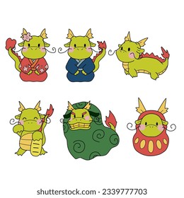 Cute dragon character illustration set for New Year's greeting cards for the year of the dragon