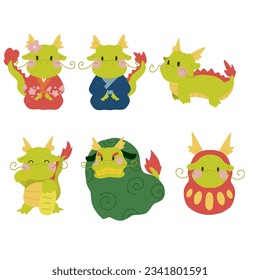 Cute dragon character illustration set for New Year's greeting cards for the year of the dragon