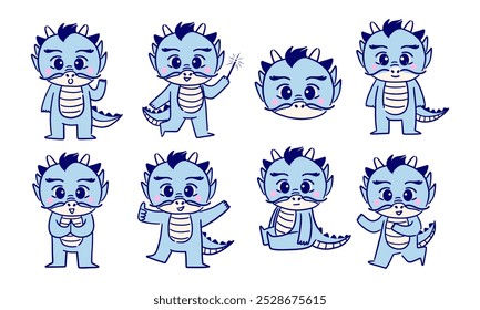 Cute Dragon Character Illustrations in Various Playful Poses. A set of 8 adorable dragon character illustrations showing different poses and expressions, perfect for fantasy and children’s designs