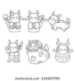 Cute dragon character line drawing set for New Year's cards for the Year of the Dragon