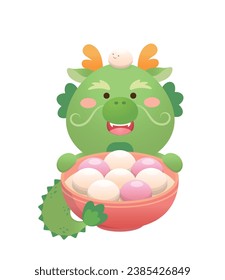 Cute dragon character or mascot, glutinous rice dumpling with glutinous rice balls for Lantern Festival or Winter Solstice, Asian sticky rice sweet food, vector cartoon style