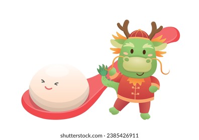 Cute dragon character or mascot, glutinous rice dumpling with glutinous rice balls for Lantern Festival or Winter Solstice, Asian sticky rice sweet food, vector cartoon style